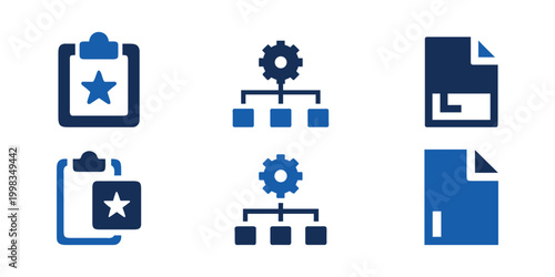 A set of six minimalist blue icons featuring clipboards, hierarchical flowcharts, and document.