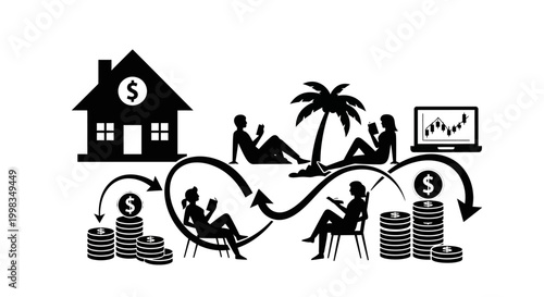 Financial independence concept with people relaxing and earning money
