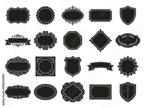 Collection of Vintage Black Label Frames and Elegant Decorative Badges. Ornate Retro Tags and Border Elements for Invitations, Branding, and Product Packaging.