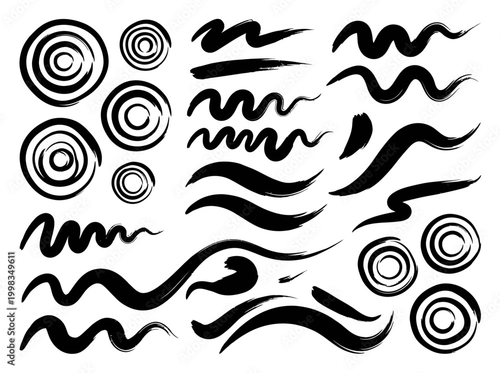 Fototapeta premium Set of Hand Drawn Black Ink Brush Strokes, Swirls, and Circles - Abstract Grunge Design Elements for Graphic Projects