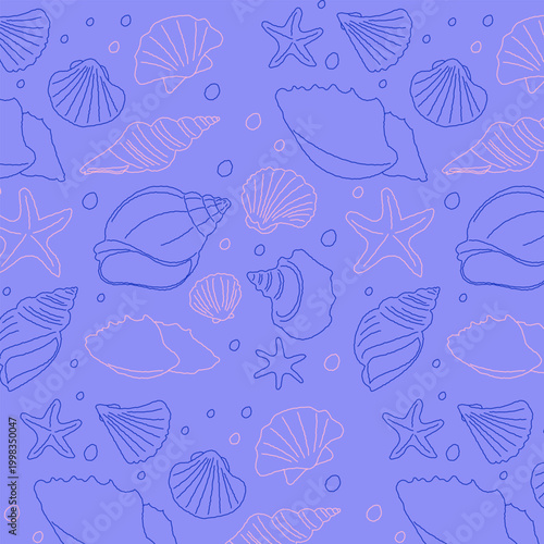 Set of hand drawn blue seashells line pattern. Minimalist line art. Summer vacation design elements for trendy prints, label, menu cover. Tropical beach shells. 