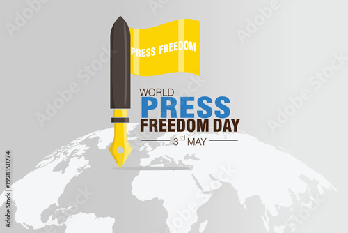 World Press Freedom Day concept with pen nib, flag, and global map background. eps 10