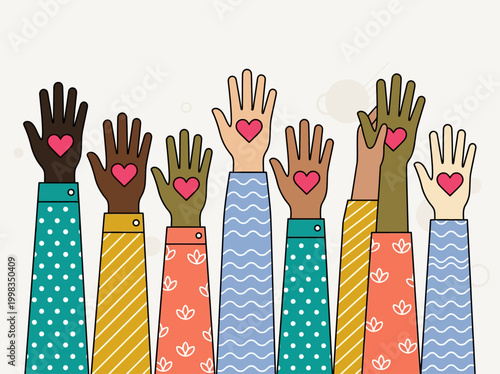 Diverse Raised Hands with Pink Hearts in Palms, Flat Vector Illustration of Community Support, Volunteering, Charity, and Social Unity