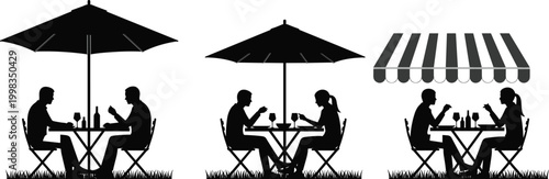 Outdoor Restaurant Cafe Dining Silhouettes Set Featuring Couples Eating at Bistro Tables with Patio Umbrellas and Striped Awning Over Grass Background Illustration