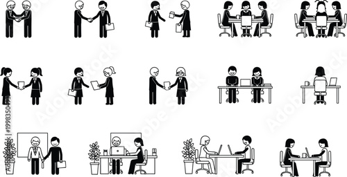 Vector black and white flat icon set of business people shaking hands collaborating in office meetings working on laptops and exchanging documents for professional work