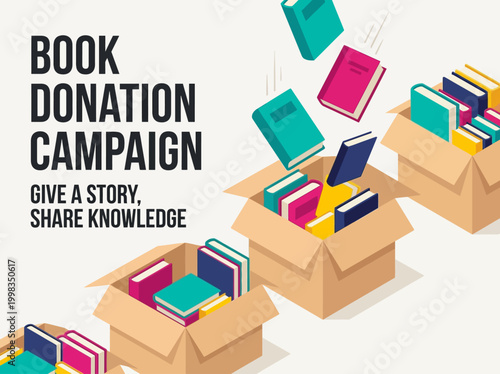 Book Donation Campaign Isometric Illustration for Charity and Education Drive
