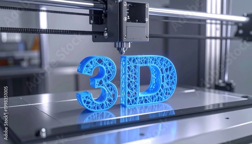 Precision nozzle of industrial three dimensional printer creating blue plastic text model on metal plate in laboratory
