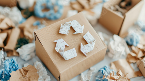 Cardboard box with prominent recycling symbol crafted from crumpled paper, surrounded by mixed waste including paper and plastic, highlighting responsible waste management and sustainability efforts.