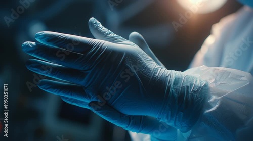 Professional doctor adjusting surgical gloves in a sterile environment, close-up on hands, cinematic lighting, shallow depth of field, subtle motion, realistic hospital setting, loopable for medical v