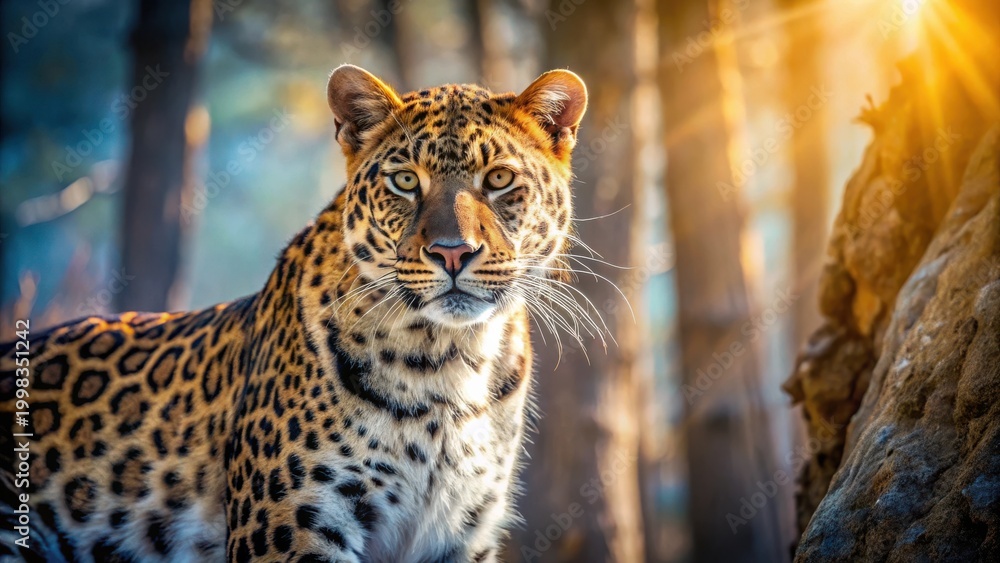 Obraz premium Majestic Leopard in Golden Sunlight, a Powerful Wildcat in its Natural Habitat