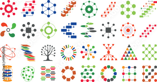 Collection of various colorful molecular and network structure graphics and icons for technology and science concepts