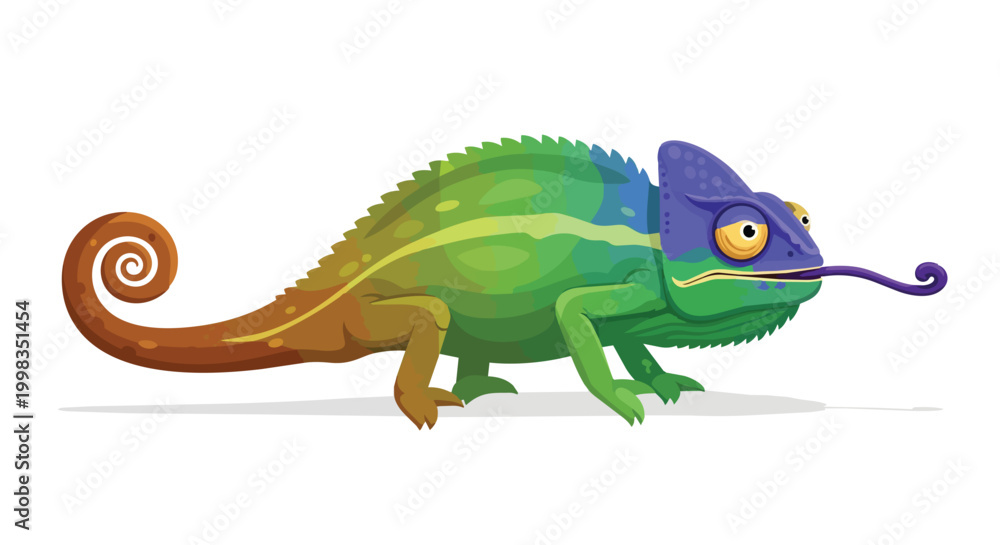 Fototapeta premium Colorful Chameleon Vector Illustration, Exotic Reptile Lizard with Long Tongue and Curled Tail Isolated on White Background