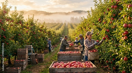 Harvesting Ripe Apples in a Sunlit Orchard During Golden Hour, Showcasing the Abundance of the Fruitful Season