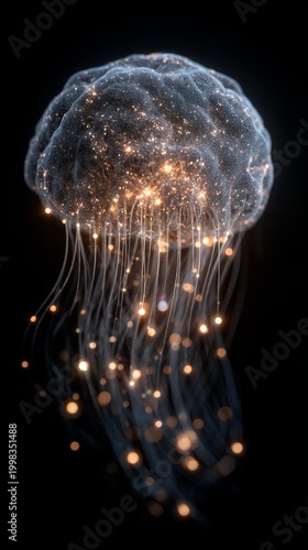 Abstract rendering resembling a brain or jellyfish with glowing particles and tendrils illustrating complex neural connections, data flow, and the vast potential of intellect and technology