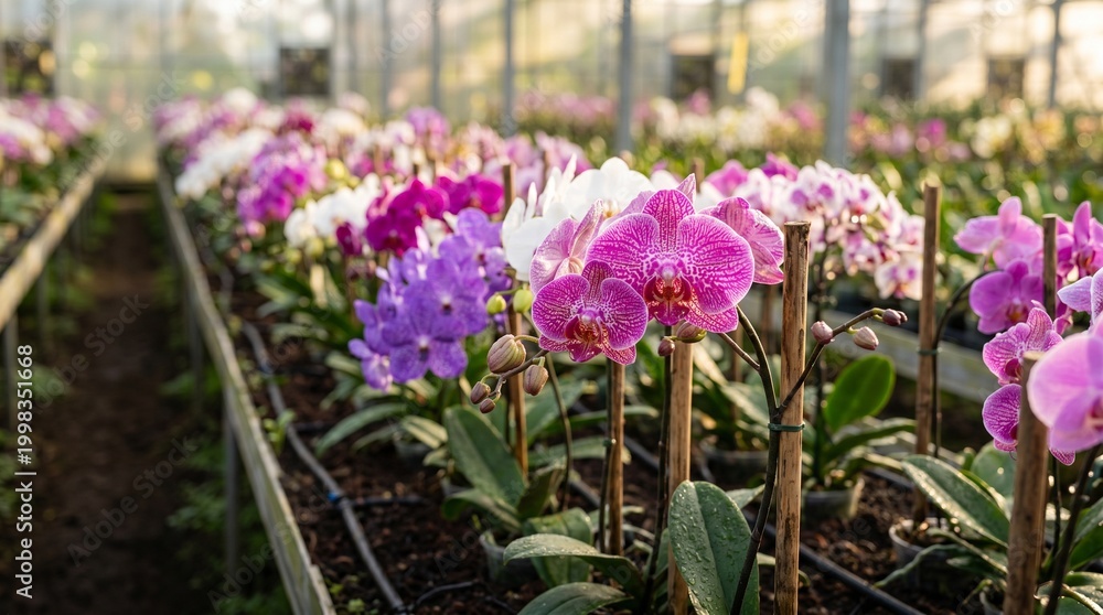 Obraz premium Vibrant rows of exotic orchids blooming beautifully in a sunlit greenhouse, showcasing a diverse palette of colors and natural floral elegance perfect for botanical themes