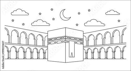 Detailed Line Art Illustration of the Kaaba with Grand Mosque Arches, Crescent Moon and Stars in a Calm