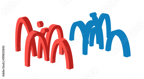 Abstract 3D shapes, red and blue, symbolizing movement and connection