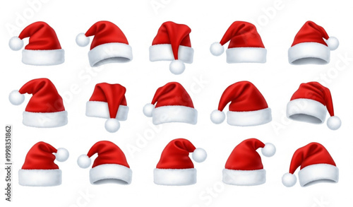 Festive Santa hats vector collection with playful shapes and fluffy trims Christmas holiday decoration set