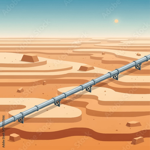 Fényképezés Long industrial pipeline crossing a barren desert landscape under a clear sky
