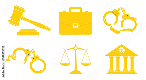 Law and Justice Icons: Gavel, Briefcase, Handcuffs, Scales, Courthouse, Legal Concept