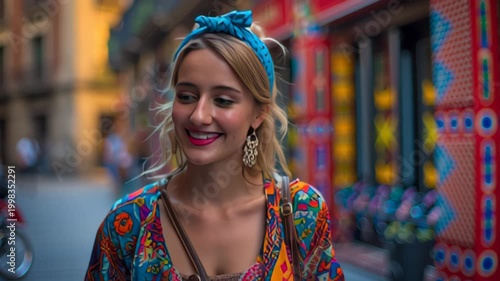 Close-up footage of a cheerful young woman in vibrant outfit and headscarf walking outdoors on a lively urban street with soft bokeh background, travel lifestyle concept