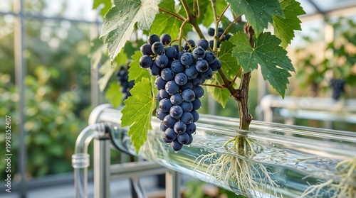 Hydroponic cultivation of ripe grapes in a greenhouse, showcasing the unique root system development