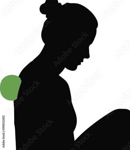 Profile silhouette of woman using massage ball against wall for back muscle pain relief and therapy.