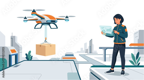 Drone Delivery Service Illustration Futuristic Package Transport with Female Worker Using Tablet Technology in Urban Environment
