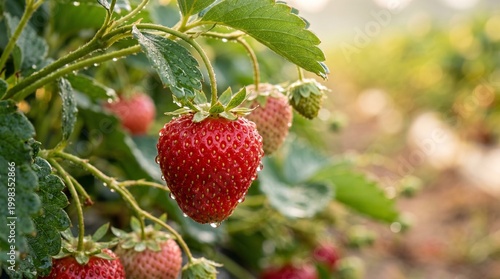 Close-up of ripe red strawberries glistening with water droplets on a green leafy plant in soft morning light