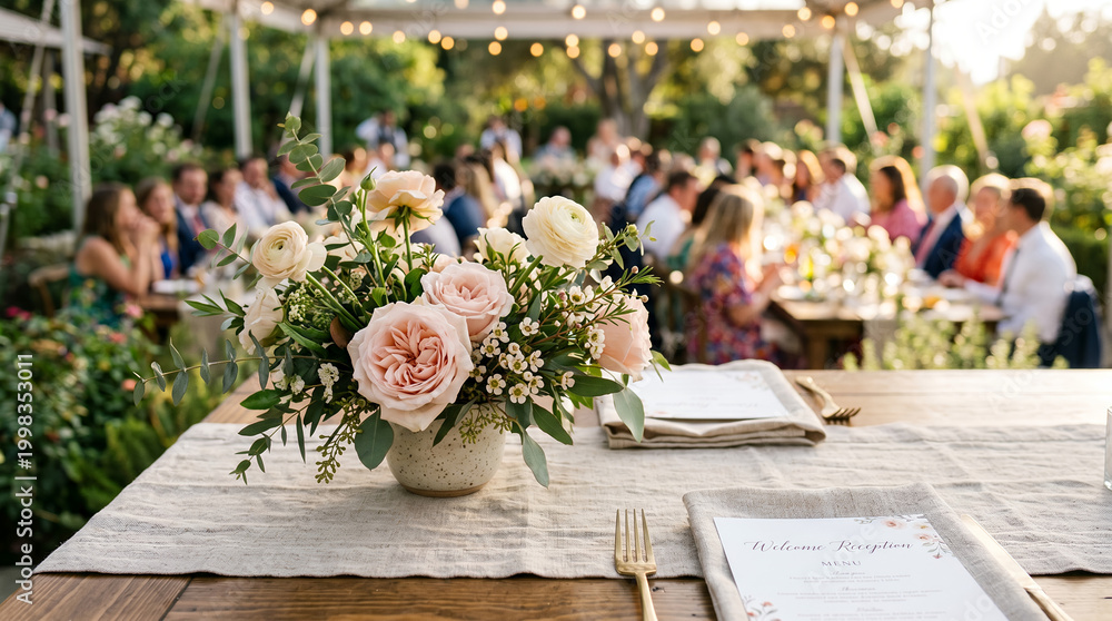 Fototapeta premium Elegant floral centerpiece on table at outdoor wedding reception 