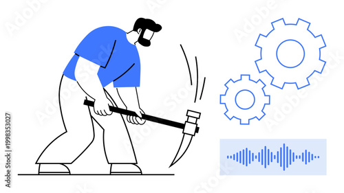 Data mining. Worker using tools data mining and processing. Gears automation in tasks. Data mining combines manual and automated workflows. Ideal for tech tutorials, AI, machine learning, process