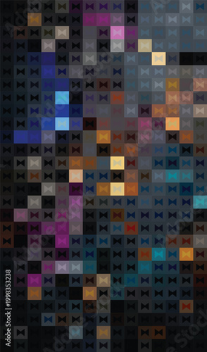 A colorful pixelated image with a multitude of small squares in various colors and shades creating a vibrant mosaic effect on a dark background