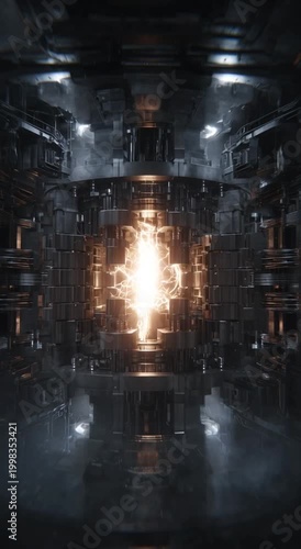 Reactor core slowly accumulating energy, pulses of light intensifying, soft vibrations, set in a dark industrial environment, cinematic, high-tech, and atmospheric visualization.