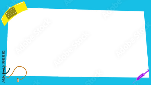 Medical themed blank paper frame with adhesive bandage and stethoscope illustration.