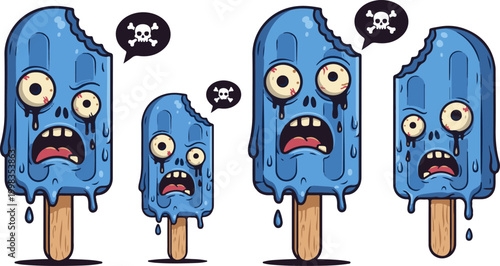 cartoon popsicle characters with melting blue bodies and distressed zombie-like faces, looking frightened and conveying a sense of melting demise with skull and crossbones icons above their heads