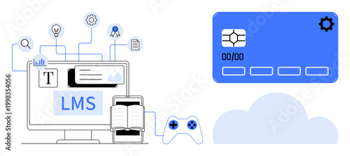 Online education, financial technology, cloud services, digital integration, interactive learning, modern technology. A computer with LMS system and a digital card. Online education and financial
