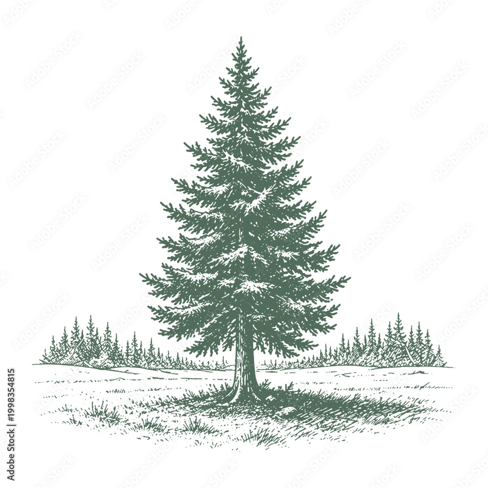 Obraz premium Majestic single pine tree standing in an open field in vintage hand drawn woodcut style vector illustration for nature solitude and environment theme.