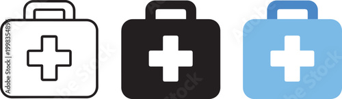 First Aid Kit Icon Set Vector – Medical Emergency Box Flat, Solid and Outline Styles