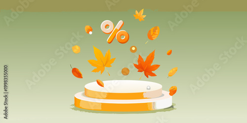 Percent sign and autumn leaves on a white podium