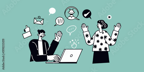 Illustration of people collaborating with communication icons linear style