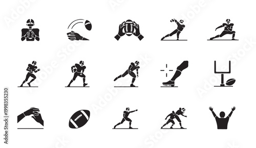 American football player action silhouettes depicting throwing catching and kicking game maneuvers set.