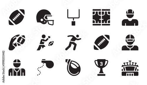 American football vector icons collection includes players, equipment, and stadium graphics.