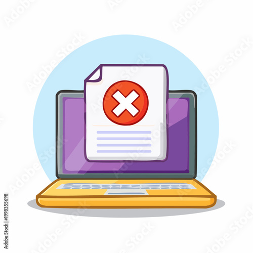 Computer screen displays document with a red cross symbol indicating an error or problem