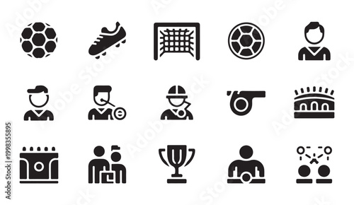 Soccer football elements collection on checkered background for game training and sports competition icon set.