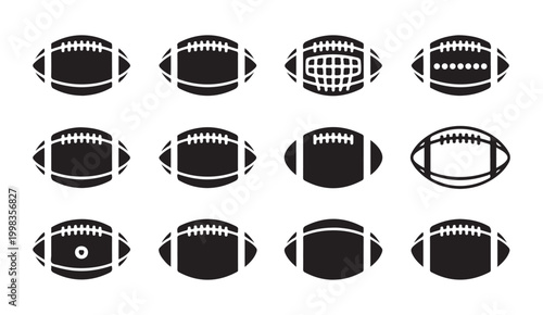Diverse American football icons, sport equipment, game ball, black and white symbols.