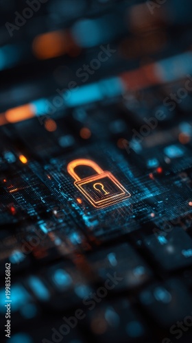 Cyber security digital padlock illuminating a virtual circuit board surface, emphasizing data protection, information privacy, internet safety, and secure network access