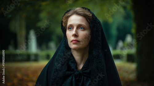 Woman in victorian mourning dress with black lace veil in a cemetery
