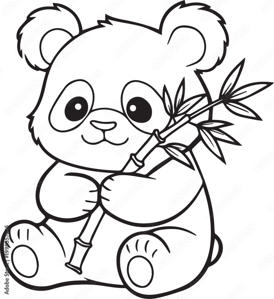 Fototapeta premium Kawaii Panda with Bamboo Coloring Page, Cute Cartoon Panda Eating Bamboo Line Art for Kids Coloring Book