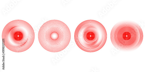 Red concentric ripple circles set. Sonar or sound wave rings collection. Epicentre, target, radar icon concept. Radial signal or vibration elements. Halftone vector illustration