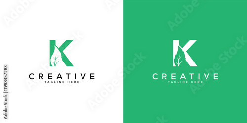 Minimalist Letter K with leaf logo design. Modern K logo leaf design background.
